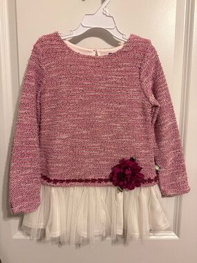 Dollie & Me Pink Knit Sweater Top with Cream Tulle Hem and Floral Accent